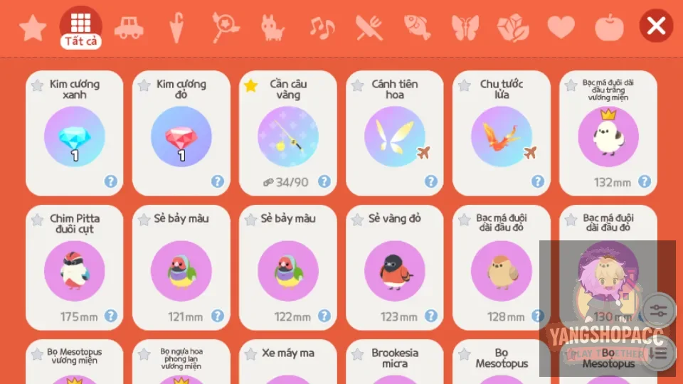 Cánh bay, Chu tước lửa, cần vàng, 3 viên kim cương, nhiều bọ tím. 1453kc, 	2689k tiền sao, 	15 vé quay