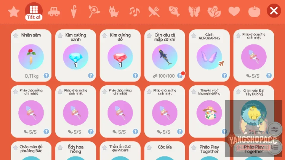 Cần Cá Mập cơ khí, 15k đá roll, cánh bay, 3 viên kim cương, thuyền vịt. 9133kc,	10.745k tiền sao,	82 vé quay